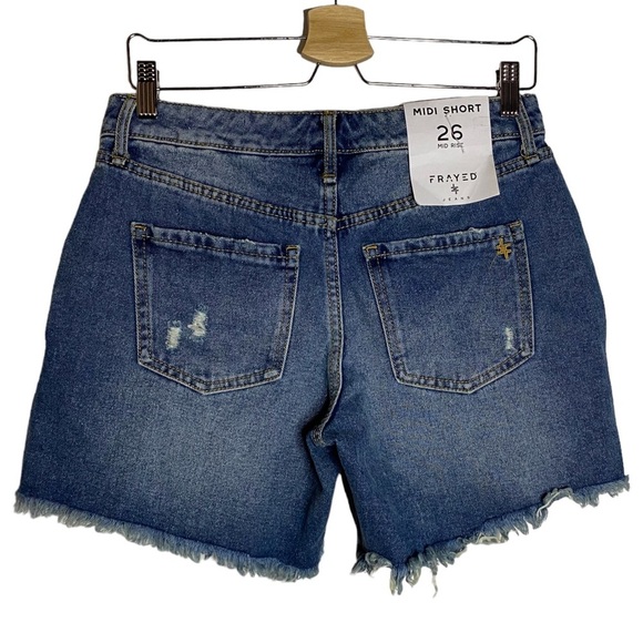 Frayed Mid Rise Midi Denim Jean Shorts Distressed Ripped Raw Hem Blue Wash 26 - Picture 3 of 16